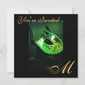 ファンタジーの仮面舞踏会のマスクのモノグラムの緑の招待状 招待状 (正面)