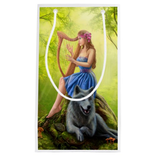 ファンタジーの女の子の妖精および友人のオオカミ。 ハープを演奏します スモールペーパーバッグ (正面)