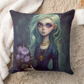 ファンタジーの女の子の緑、不気味なかわいいゴシック枕 クッション (ブランケット)