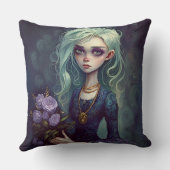 ファンタジーの女の子の緑、不気味なかわいいゴシック枕 クッション (裏面)