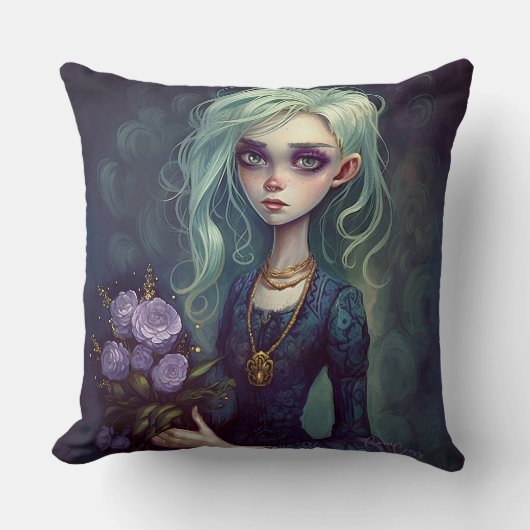 ファンタジーの女の子の緑、不気味なかわいいゴシック枕 クッション (正面)