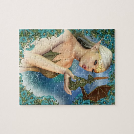 ファンタジーの小妖精や小人およびかわいいドラゴンが付いているジグソーパズル ジグソーパズル (横)