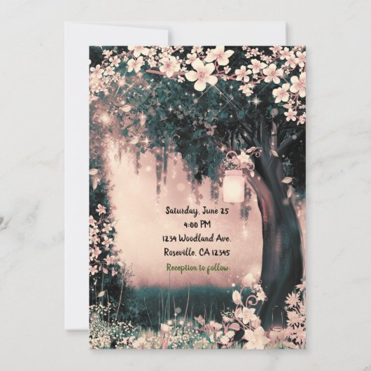 ファンタジーの森に魅了されたピンク結婚の森 招待状 (裏面)