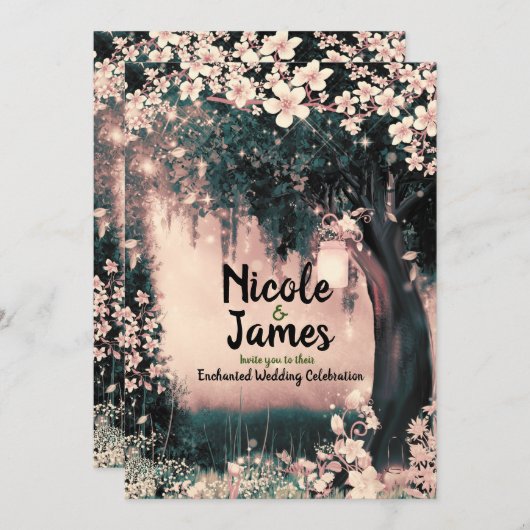 ファンタジーの森に魅了されたピンク結婚の森 招待状 (正面/裏面)