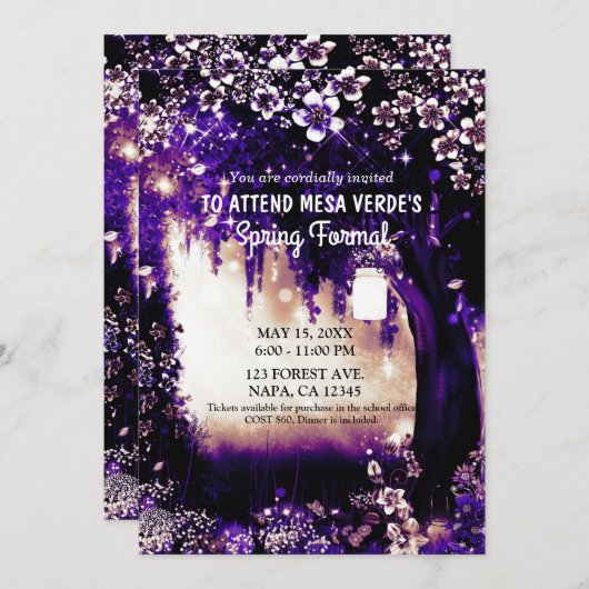 ファンタジーの森に魅了された紫の夏の森 招待状 (正面/裏面)