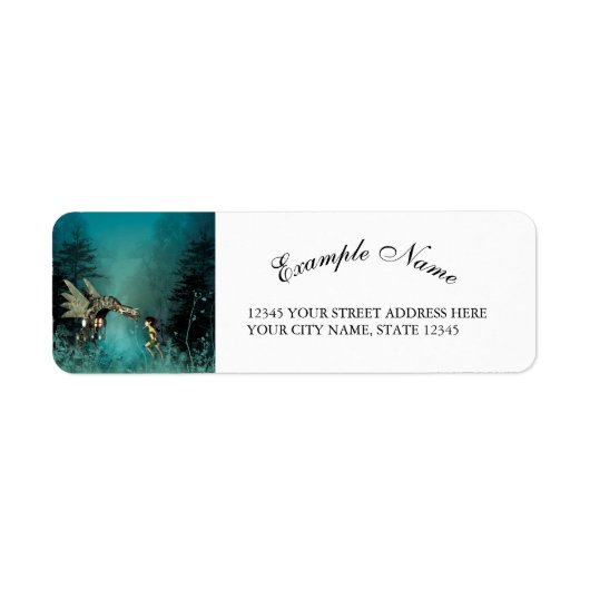 ファンタジーの森の中に蒸気のドラゴンと可愛い妖精 ラベル (正面)