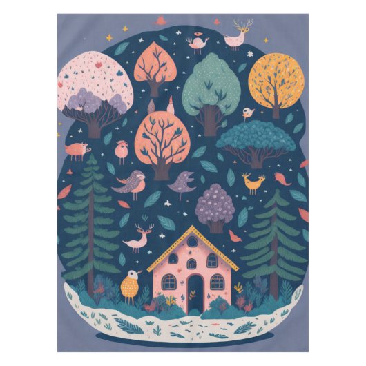 ファンタジーの森の鳥と木 テーブルクロス (正面)