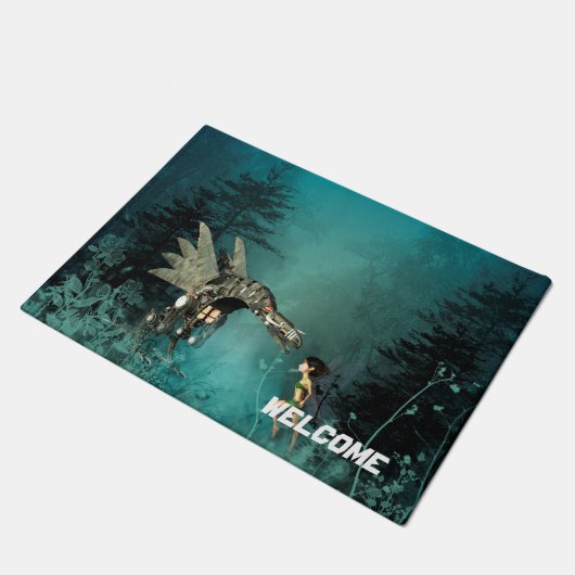 ファンタジーの森林の蒸気のドラゴンを持つかわいい妖精 ドアマット (アングル)