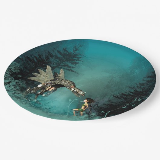 ファンタジーの森林の蒸気のドラゴンを持つかわいい妖精 ペーパープレート (アングル)