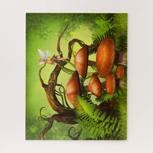 ファンタジーの森、大きなキノコと妖精 ジグソーパズル (縦)