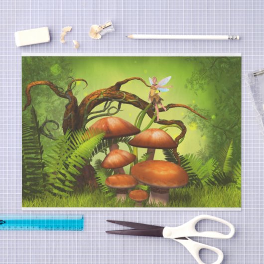 ファンタジーの森、大きなキノコと妖精 薄葉紙 (クラフト)