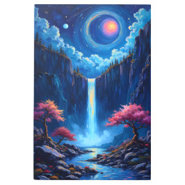 ファンタジーの滝の風景とさくらんぼの木 メタルプリント