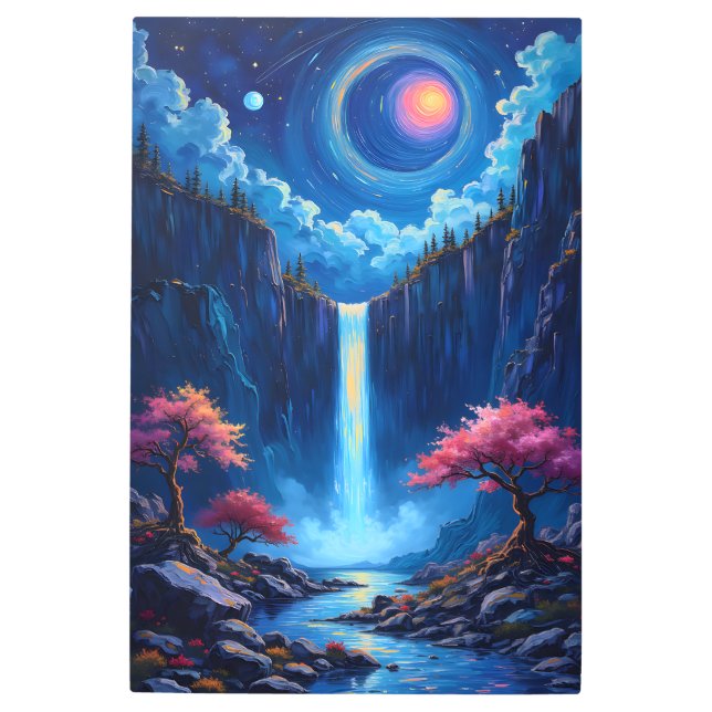 ファンタジーの滝の風景とさくらんぼの木 メタルプリント (正面)