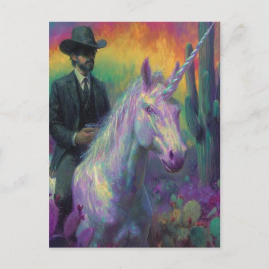 ファンタジーの男が一角獣に乗る ポストカード (正面)