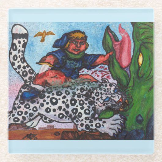 ファンタジーの男の子がドラゴンとワシを戦う ガラスコースター (正面)