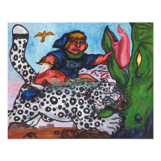 ファンタジーの男の子がドラゴンとワシを戦う フォトプリント            (正面)