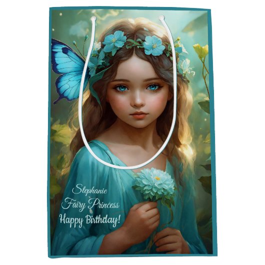 ファンタジーの美しいシアングリーンフェアリーガール ミディアムペーパーバッグ (正面)