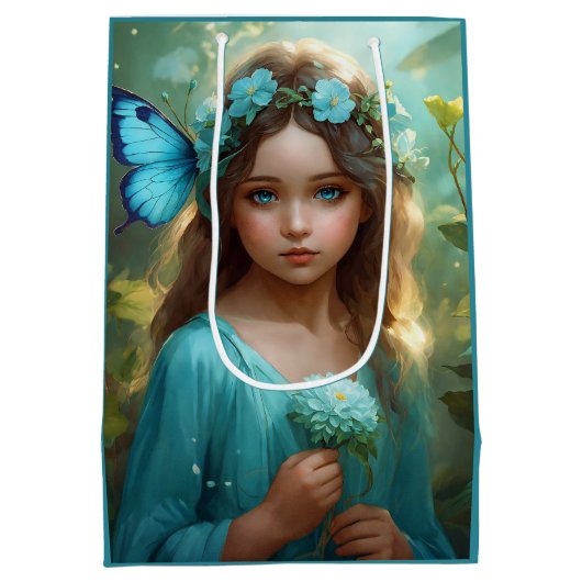 ファンタジーの美しいシアングリーンフェアリーガール ミディアムペーパーバッグ (裏面)