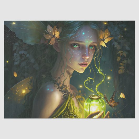 ファンタジーの美しい緑の森の妖精のデコページ 薄葉紙 (正面)