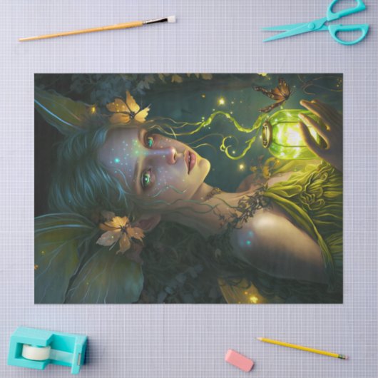 ファンタジーの美しい緑の森の妖精のデコページ 薄葉紙 (クラフト)