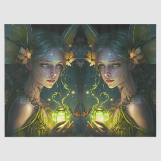 ファンタジーの美しい緑の森の妖精のデコページ 薄葉紙 (正面)