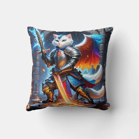 ファンタジーの舞台で剣を着けた騎士ネコ クッション (裏面)