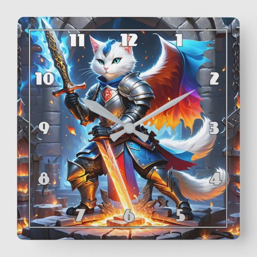 ファンタジーの舞台で剣を着けた騎士ネコ スクエア壁時計 (正面)