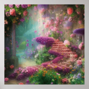 ファンタジーの花と階段を持つ魔法の庭園 ポスター