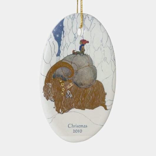 ファンタジーの芸術のスウェーデンのユール(キリスト降誕祭)のヤギの日付がついたパーソナライズ セラミックオーナメント (右)