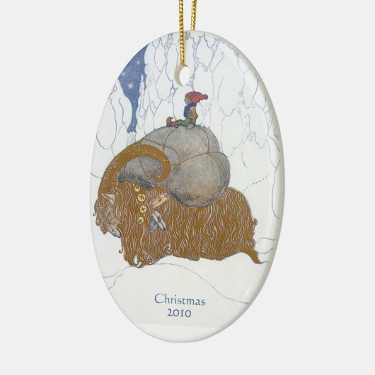 ファンタジーの芸術のスウェーデンのユール(キリスト降誕祭)のヤギの日付がついたパーソナライズ セラミックオーナメント (左)