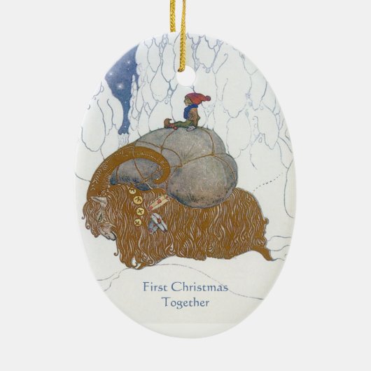 ファンタジーの芸術のスウェーデンのユール(キリスト降誕祭)のヤギの日付がついたパーソナライズ セラミックオーナメント (裏面)