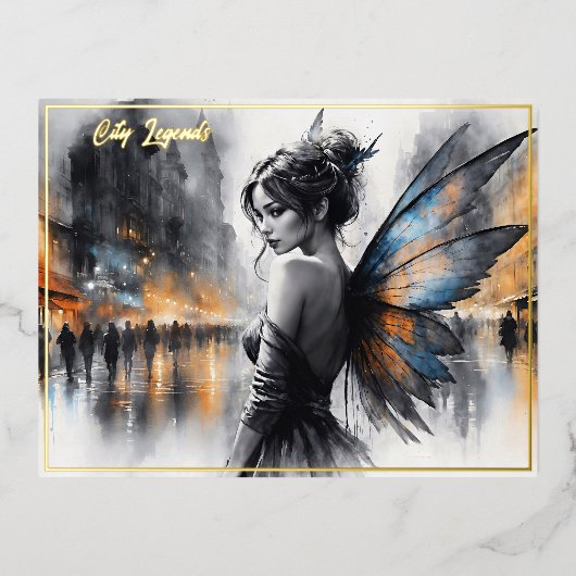 ファンタジーの都市のエレガント美しいの夢想的なライト 箔シーズンポストカード (正面)