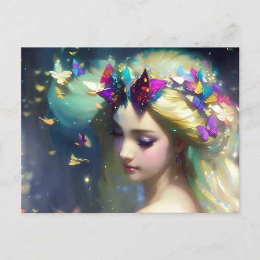 ファンタジーの金髪の女性と蝶 ポストカード (正面)
