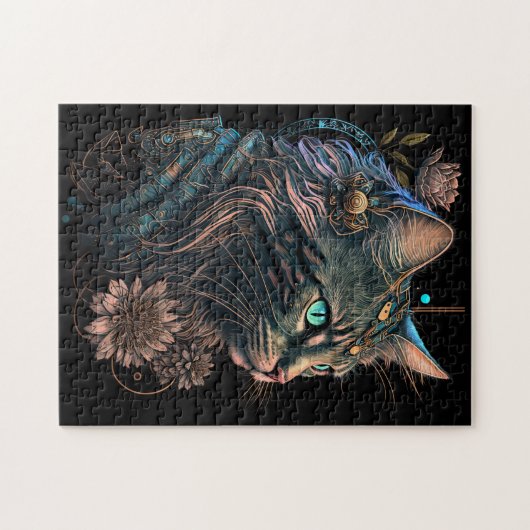 ファンタジーの青い目の猫と花AI art ジグソーパズル (横)