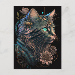 ファンタジーの青い目の猫と花AI art ポストカード