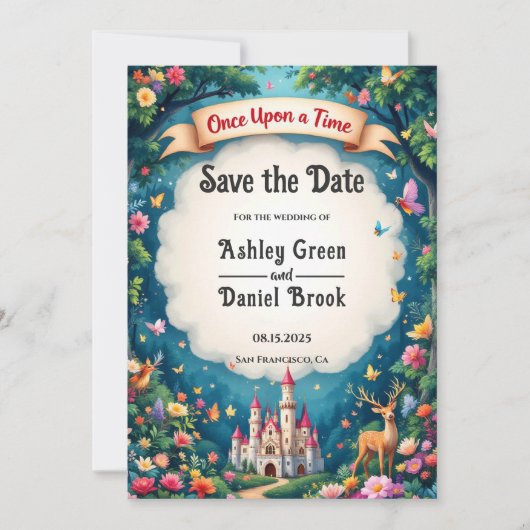 ファンタジーの魔法のウッドランドキャッスルフェアヤテ結婚ール セーブザデート (正面)