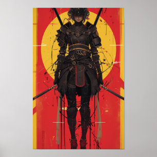 ファンタジーの黒装束の女性の戦士ポスター ポスター