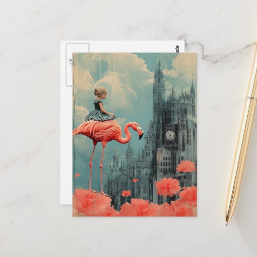 ファンタジーはピンクのフラミンゴに乗る ポストカード (正面/裏面インサイチュ)