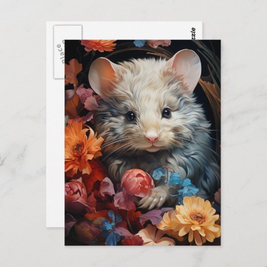 ファンタジーふわふわのネズミが花に ポストカード (正面/裏面)