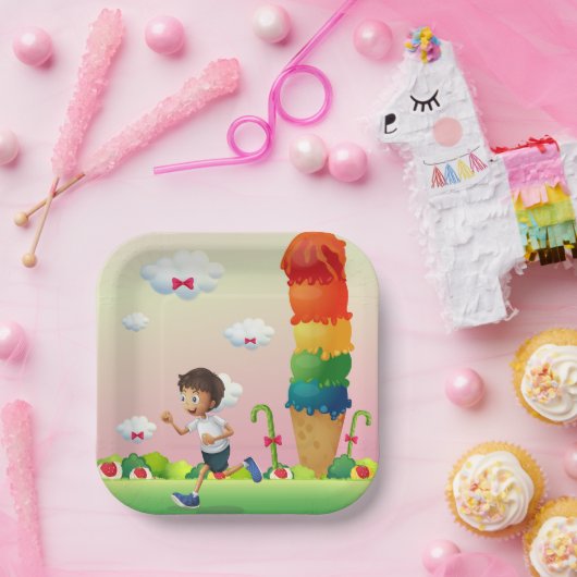 ファンタジーアイスクリームコーンとハッピー走ズボーイ ペーパープレート (パーティー)