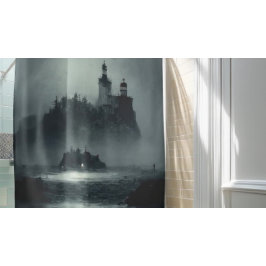 ファンタジーアイランドライトハウスミスティ霧の濃い夜 シャワーカーテン