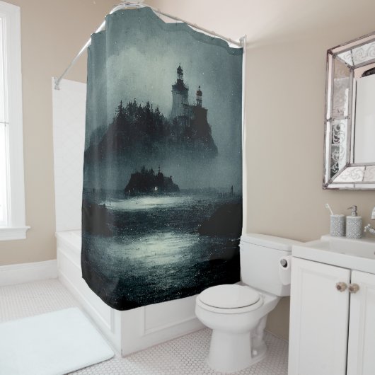 ファンタジーアイランドライトハウスミスティ霧の濃い夜 シャワーカーテン (インサイチュ)