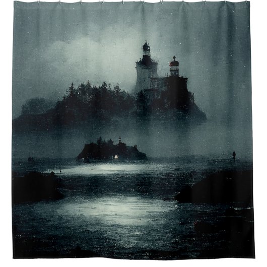 ファンタジーアイランドライトハウスミスティ霧の濃い夜 シャワーカーテン (正面)