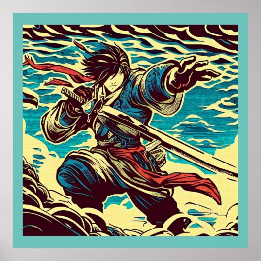 ファンタジーアニメヒーロー1日本の - Woodcut ポスター (正面)