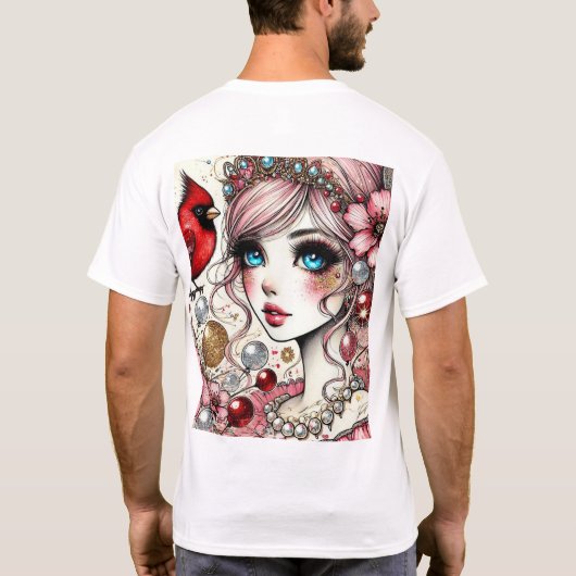 ファンタジーアニメマンガガールリンが鳥のTシャツを愛 Tシャツ (裏面)