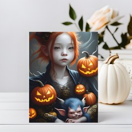 ファンタジーアートの若きデーモンとペットのハロウィンポストカード ポストカード