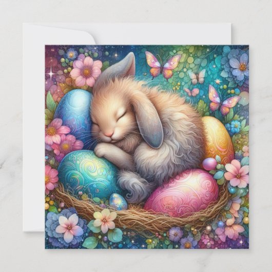 ファンタジーアートウォーターカラーバニーイースターエッグ花 シーズンカード (正面)