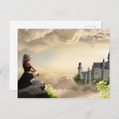 ファンタジーアートガールが雲の中に城を見渡す ポストカード (正面/裏面)