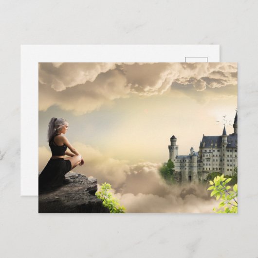 ファンタジーアートガールが雲の中に城を見渡す ポストカード (正面/裏面)