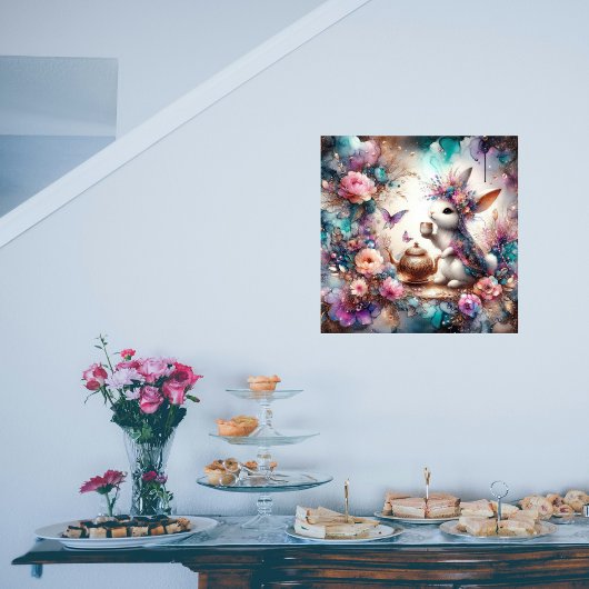 ファンタジーアートパープルティール（緑がかった色）ウォーターカラーバニーティーパーティー ポスター